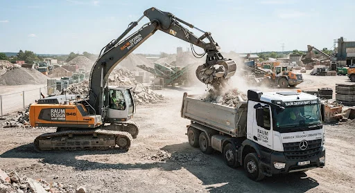 Bagger beim Verladen von Bauschutt auf einen Lkw