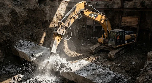 Bagger mit Hydraulikhammer beim Rückbau eines Betonfundaments