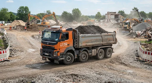 Kipper beim Transport von Aushubmaterial auf einer Baustelle